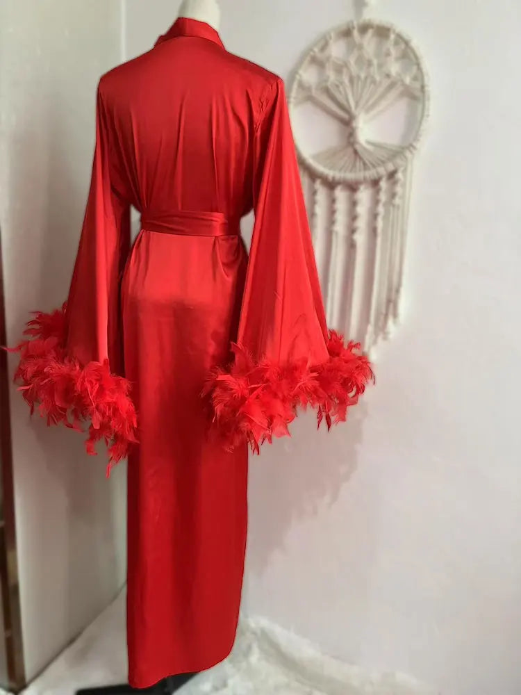 Feather Robe Long Cardinal Red Bridal Lingerie Softest Bridal Robe with Feather Boudoir Silk Kimono Bridesmaid Dressing Gown New