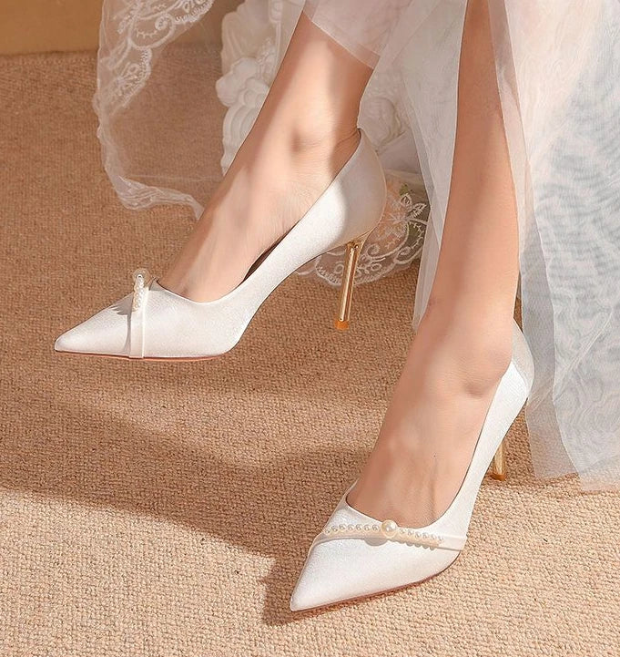 Women's Summer Footwear Bride Pumps Shoes for Woman 2025 Wedding Shoe on Heeled Pointed Toe Pearl Stilito High Heels Popular 39