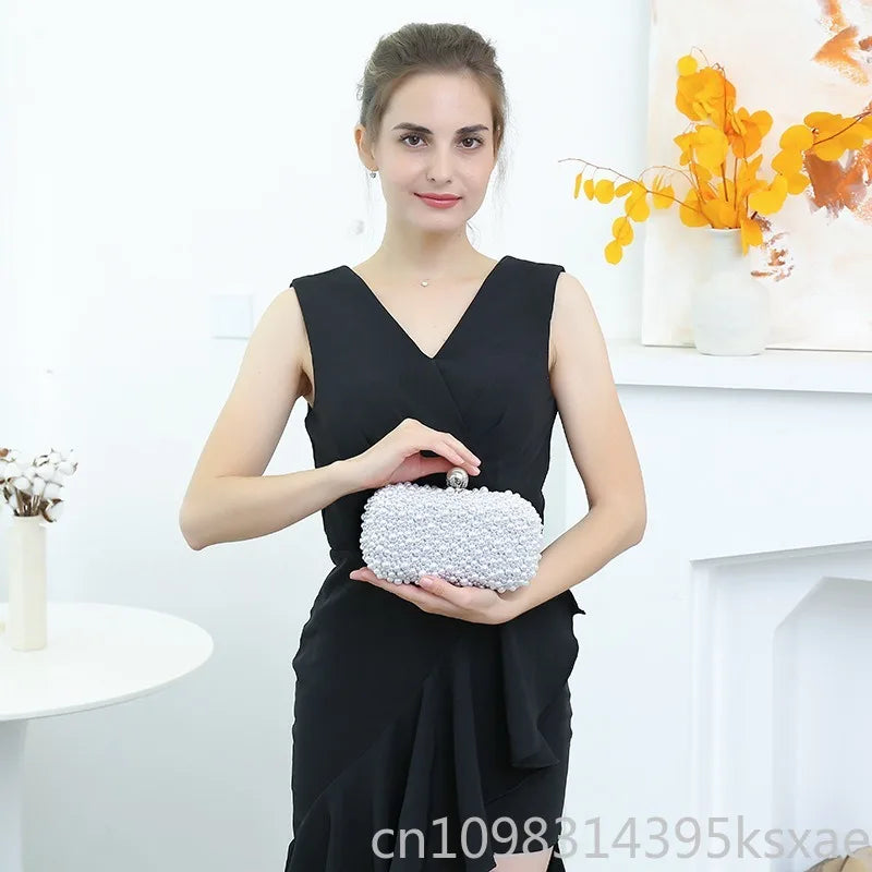 Elegant Pearl Evening Shoulder Bag Soft Small Square Purse with Lock for Women Wedding Bridal Crossbody Party