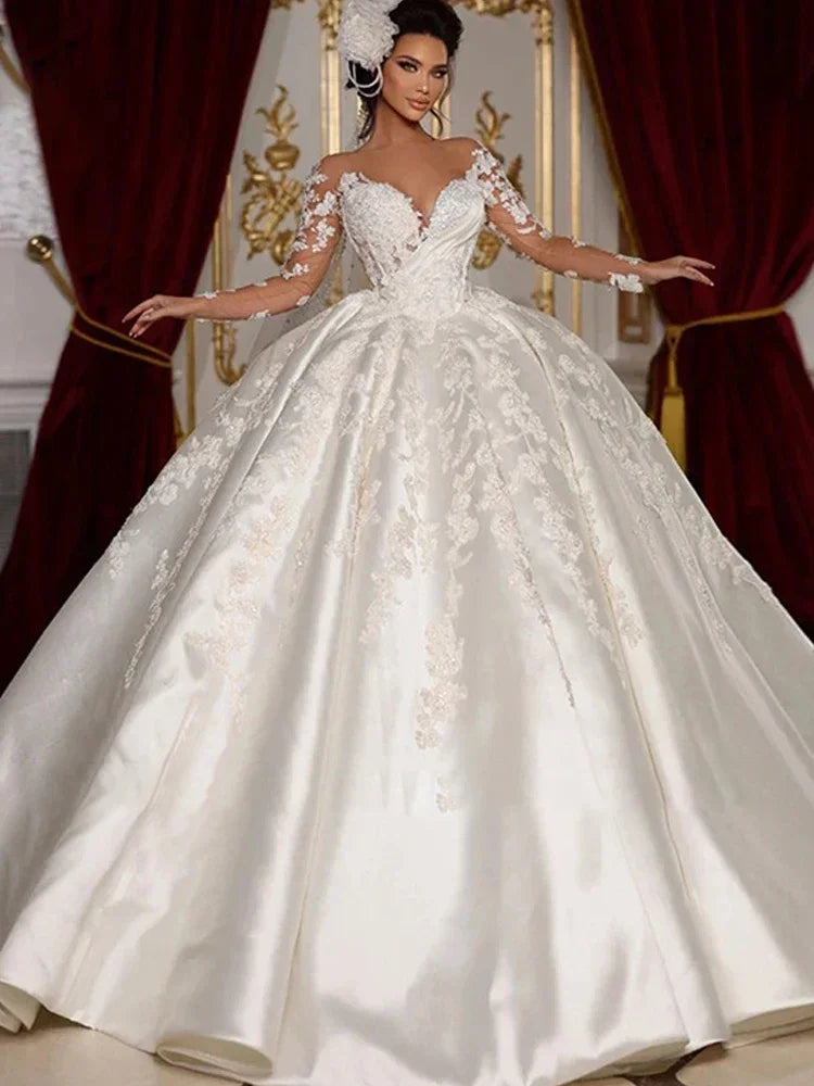 Vintage Wedding Dress Satin With  Embroidery Lace Princess Ball Gown O-Neck Full Sleeve Customized Bride Dress Vestido De Novia
