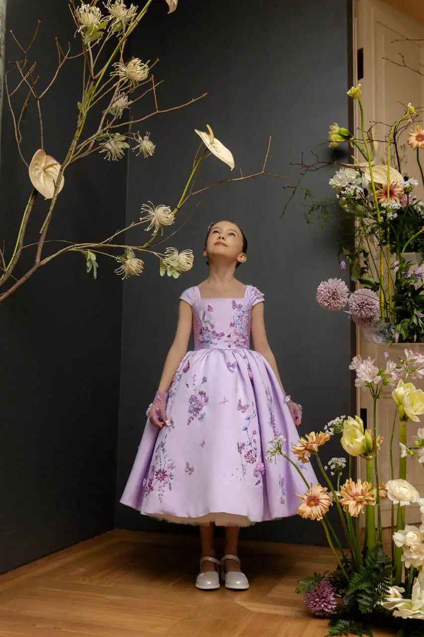 Floral Applique Tea Length Flower Girl Dress