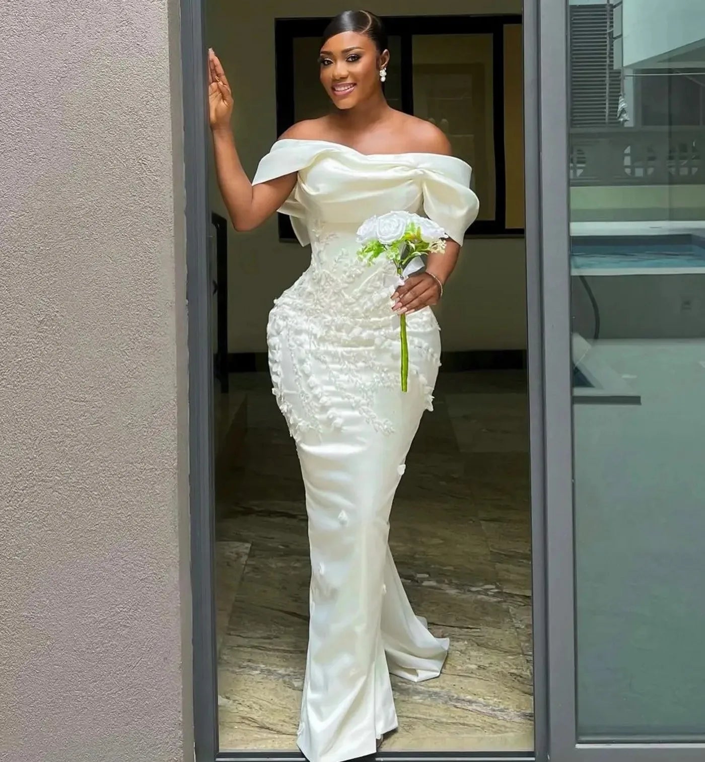 Off-Shoulder Satin Sheath Wedding Dress with Back Bow