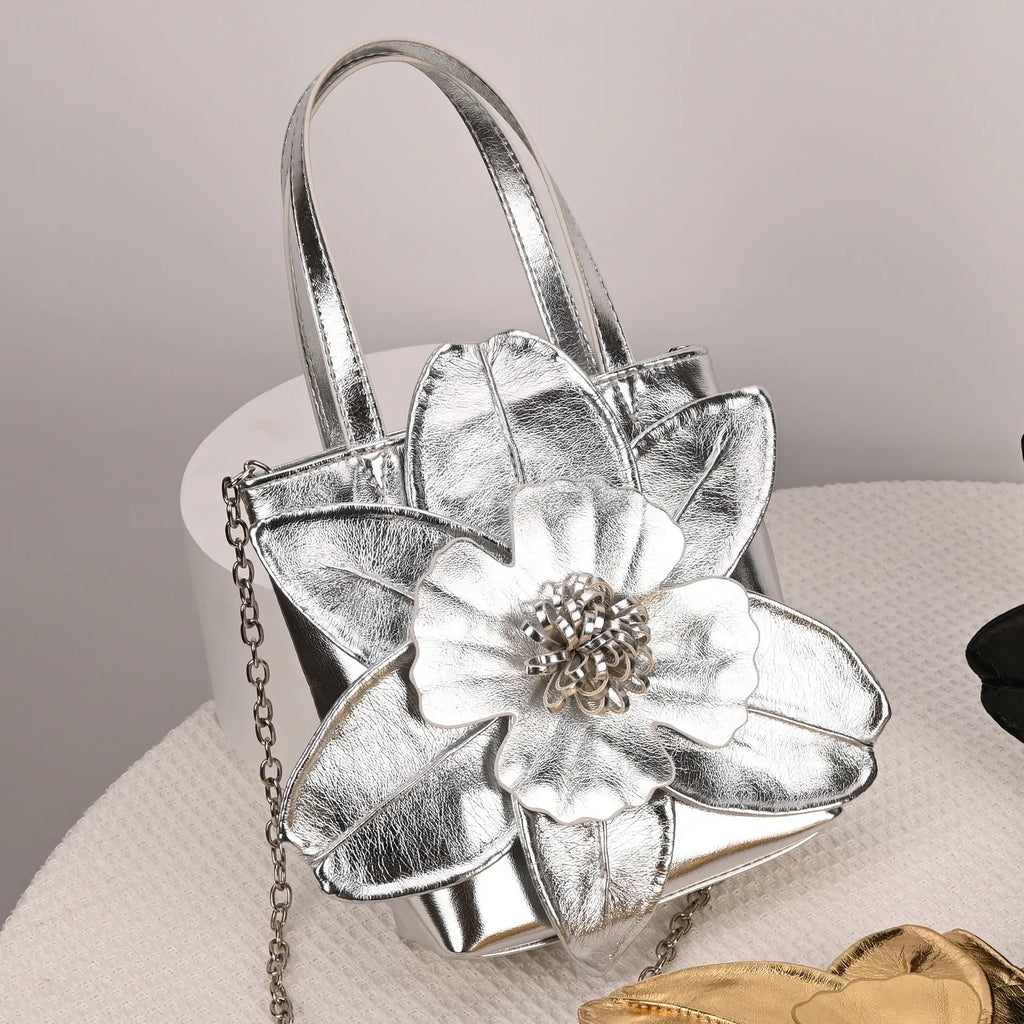 3D Floral Soft PU Leather Women Bucket Handbag Wedding Purse Dress Party Evening Bridal Clutch Bag