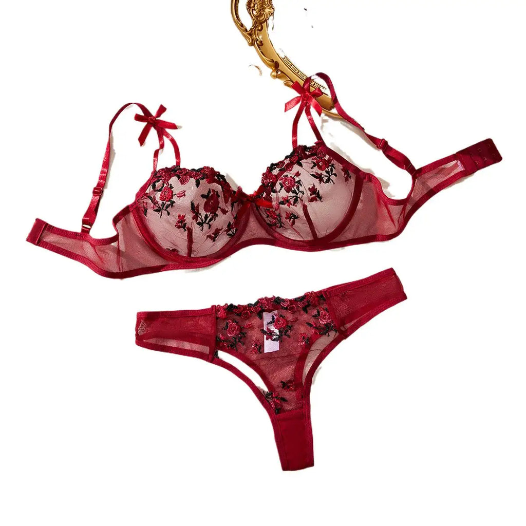 Erotic Lingerie Female Bra And Brief Women Floral Embroidory Underwear Set Sexy Lace Transparent Sensual Push Up Lingerie Sets