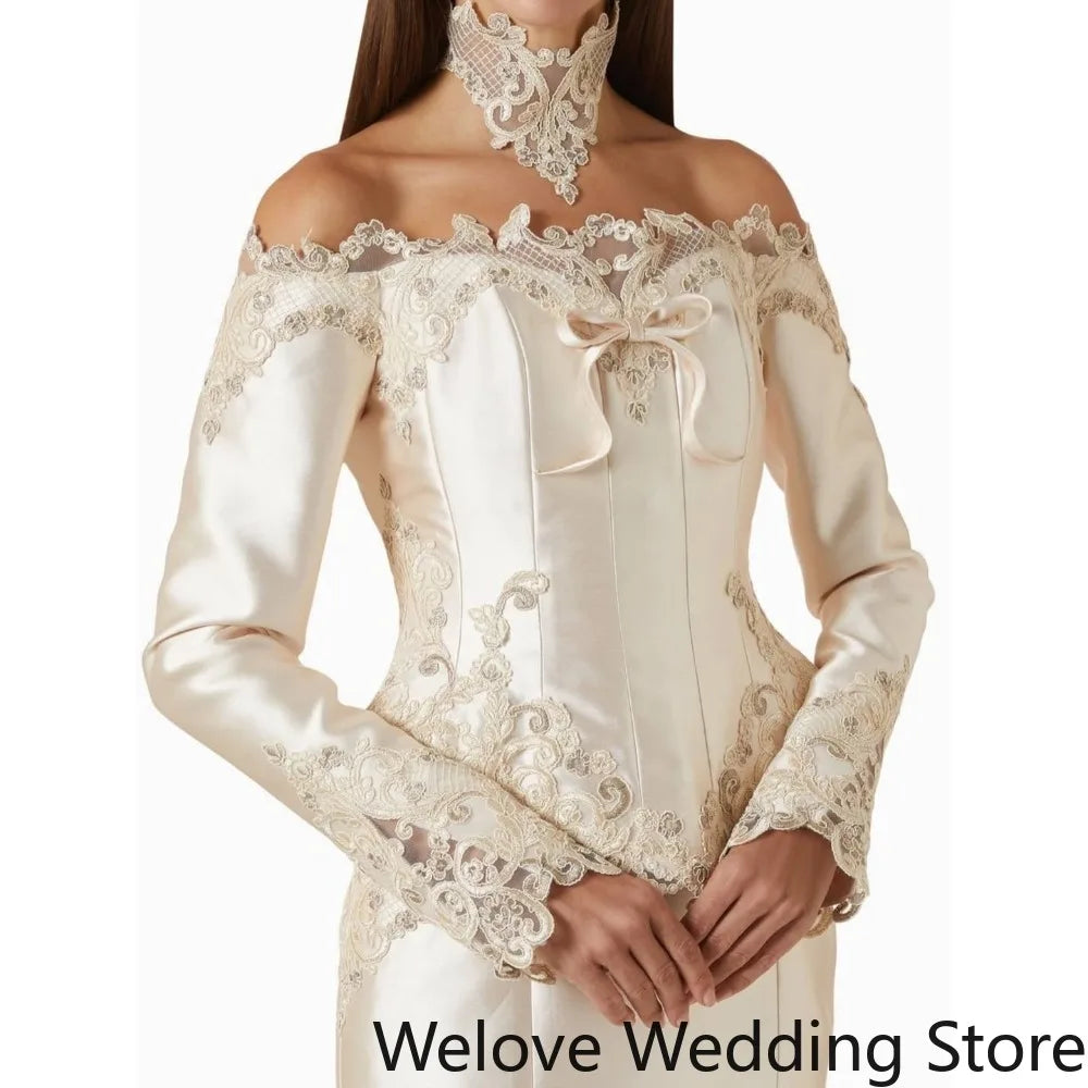 Ivory Victorian‑Style Bridal Wedding Gown with Off‑Shoulder Neckline, Long Sleeves, Structured Corset Bodice with Front Bow