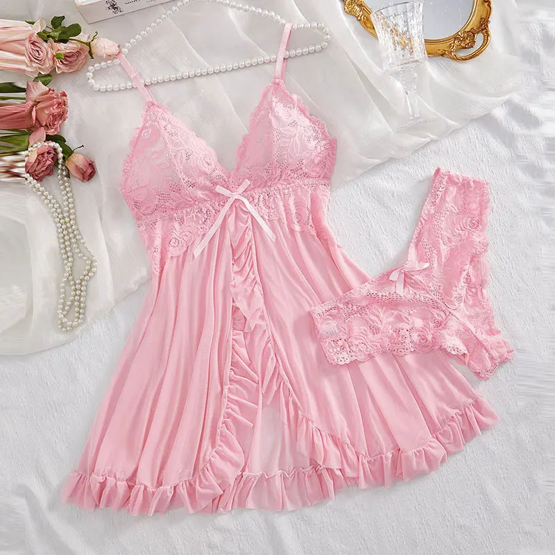Sheer Tulle V-Neck Nightgown & Thong Set