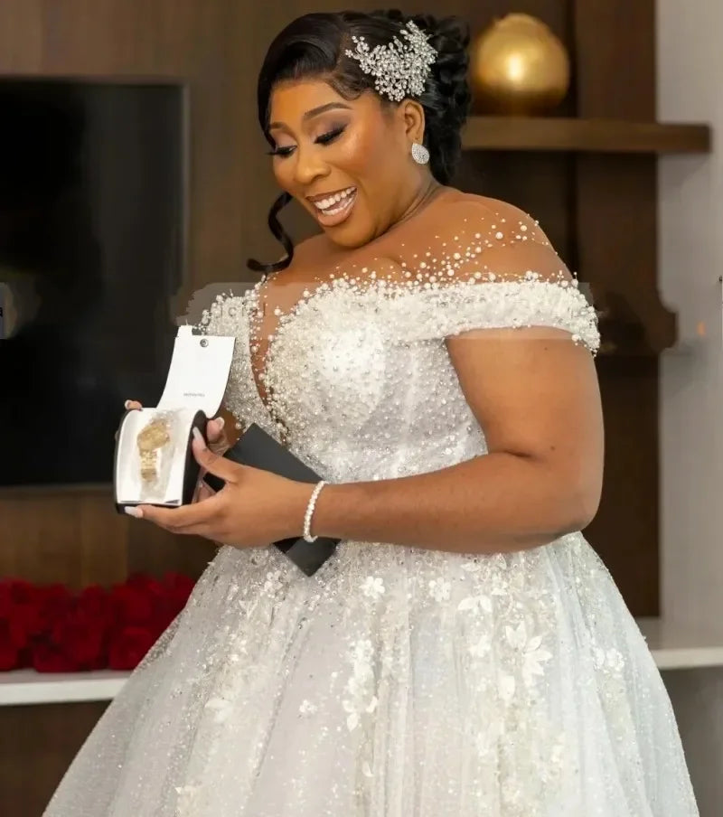 Customized Wedding Dress For Bride Sheer Neck Lace Up Back Major Beading Sequins Pearls Plus Size Women Africa Bridal Gowns