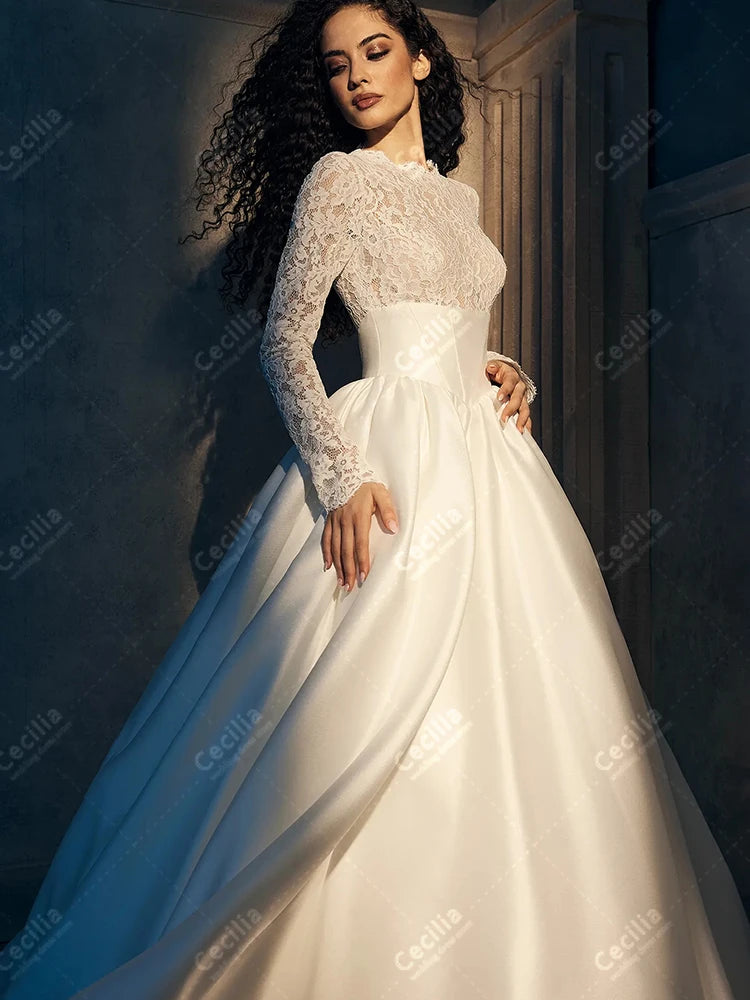 Gorgeous Wedding Dresses A Line Satin Bridal Gowns Modest Robes Full Sleeves Charming Muslim Customized Vestidos De Novia 2025