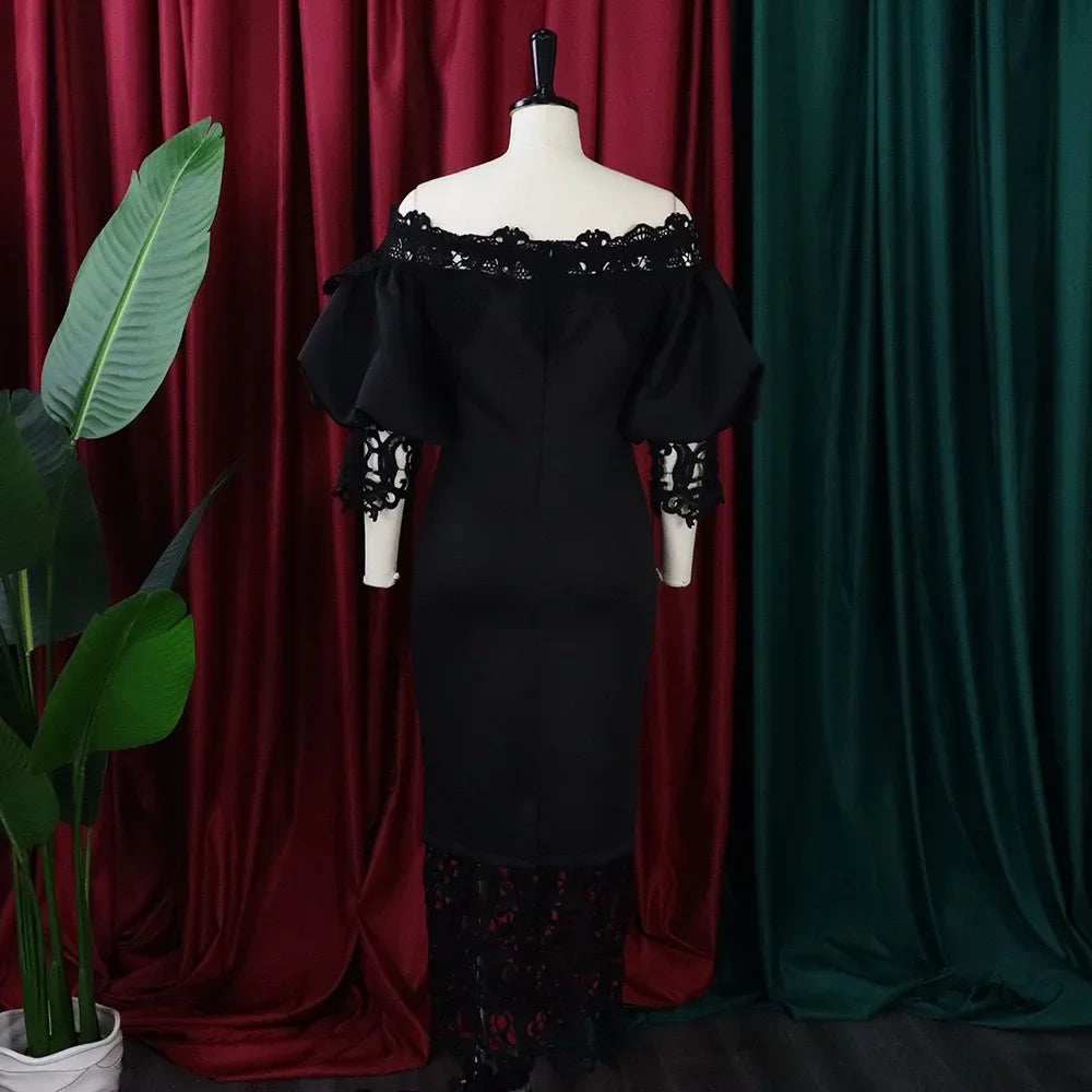 Off-Shoulder Lantern Sleeve Lace Sheath Dress