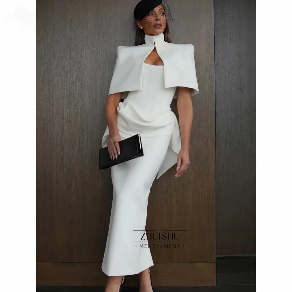Vintage Wedding Guest Dress with Cape Elegant White Party Evening Gowns Mermaid White Cocktail Dresses Ankle-length Customized