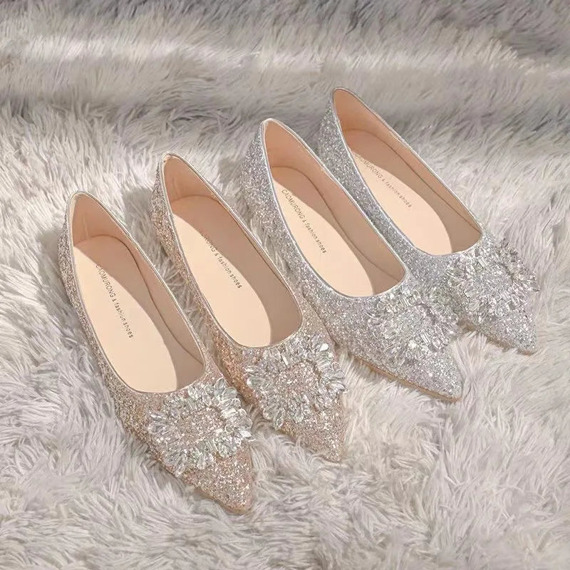 Comemore Champagne Color Flat Shoes Female Pointed Autumn Summer New Silver Low Heel Rhinestone Wedding Bridal Shoe Pumps
