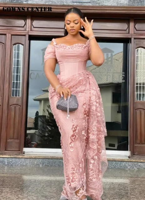 Fabulous Brown Lace Evening Dresses African Traditional Wedding Bride Dress Luxury Beads Lace Birthday Dress Asoebi Costomized