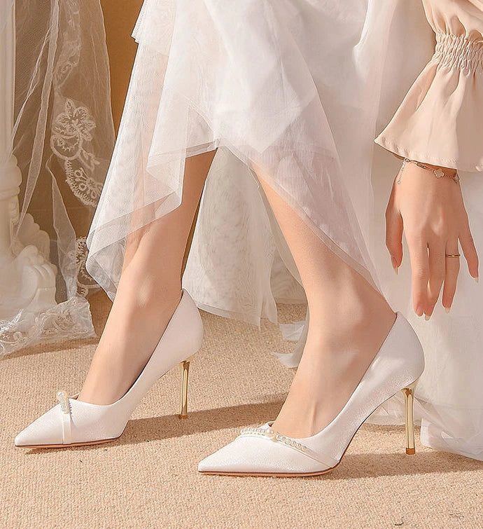 Women's Summer Footwear Bride Pumps Shoes for Woman 2025 Wedding Shoe on Heeled Pointed Toe Pearl Stilito High Heels Popular 39