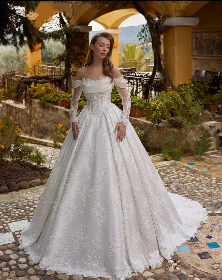 Graceful A Line Wedding Dress For Women Off Shoulder Long Sleeves Bridal Gowns Pearls Beaded Lace Dress Customized