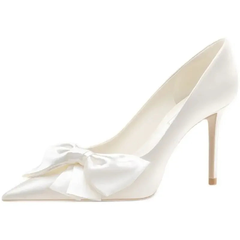 hot sale 2024 New Bridal White Satin Bow Stiletto women High Heels Pumps Single sandals woman Wedding Shoes zapatos de mujer