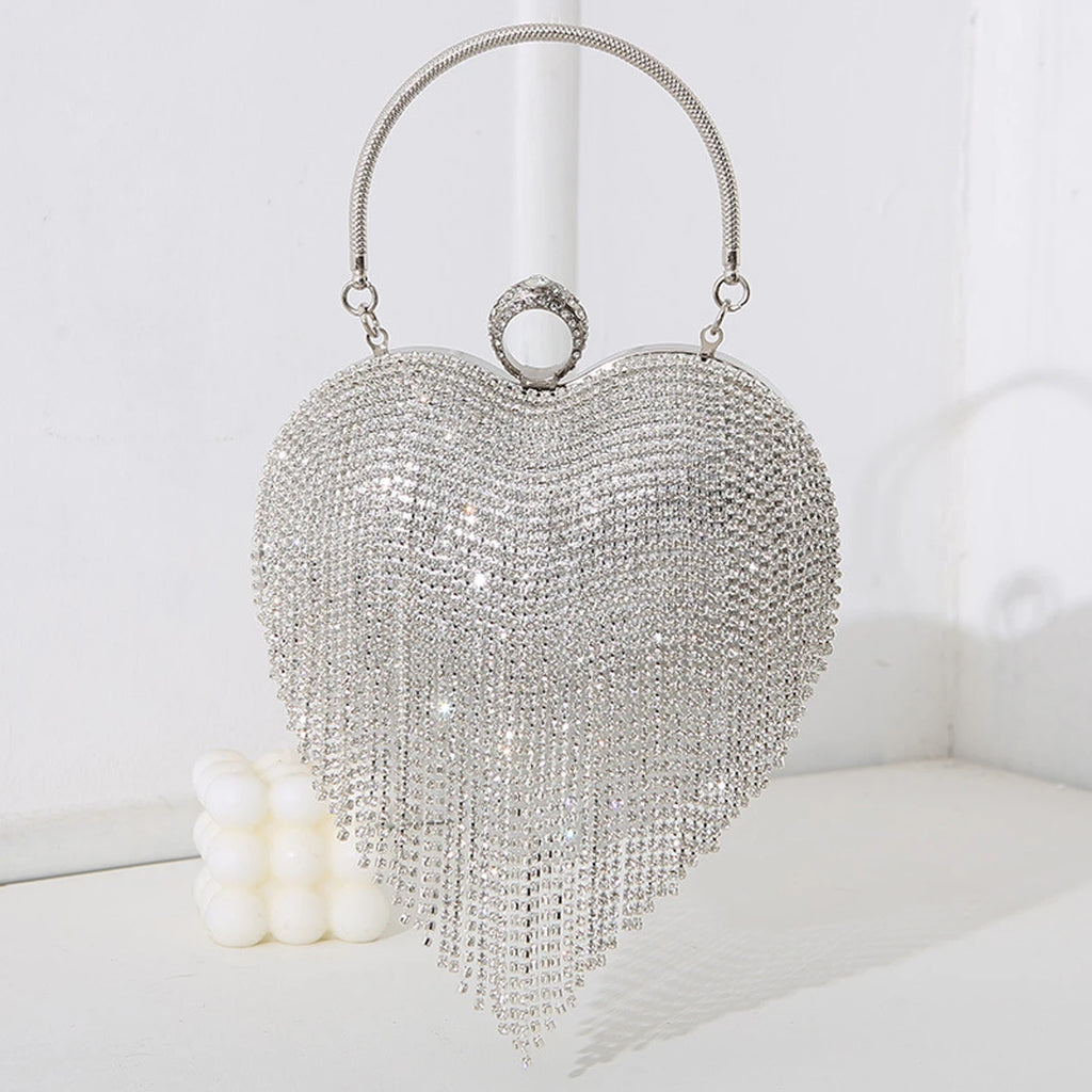 Heart Pattern Diamond Tassel Clutch
