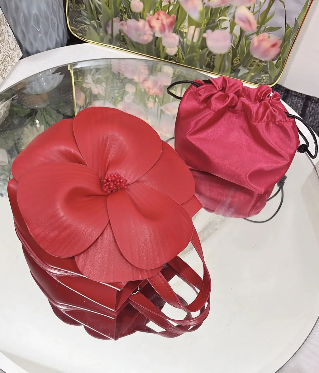 3D Floral Soft PU Leather Women Small Bucket Handbag Wedding Purse Dress Party Evening Bridal Clutch Bag