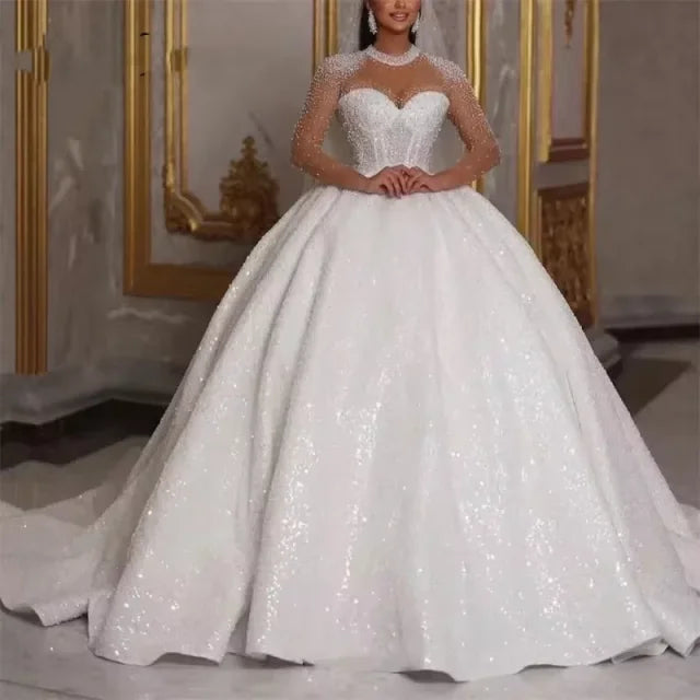 Sparkling African Wedding Dress Luxurious A-line Bridal Ball Dress Beads sequins Long Sleeves Dubai Bridal Dress Customization