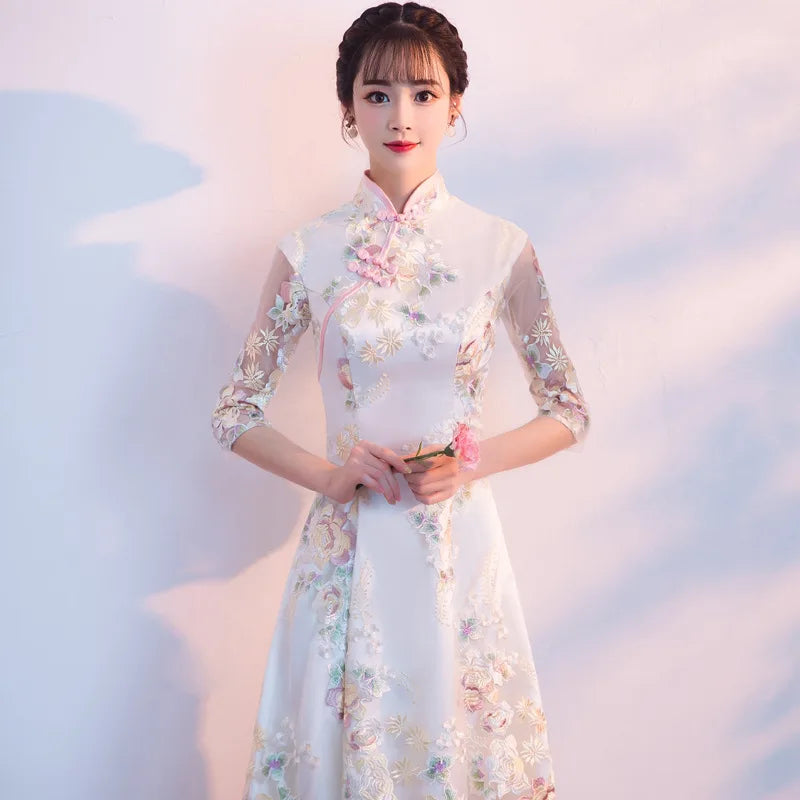 Floral Embroidered Satin Cheongsam Gown