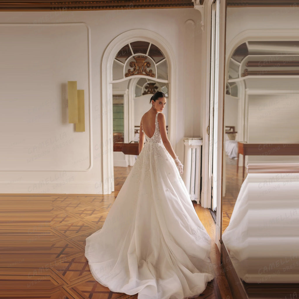 Graceful Elegant Wedding Dresses Women's A Line Long Sleeve Appliques Bridal Gowns Boat Neck Formal Vestidos De Novia Customized