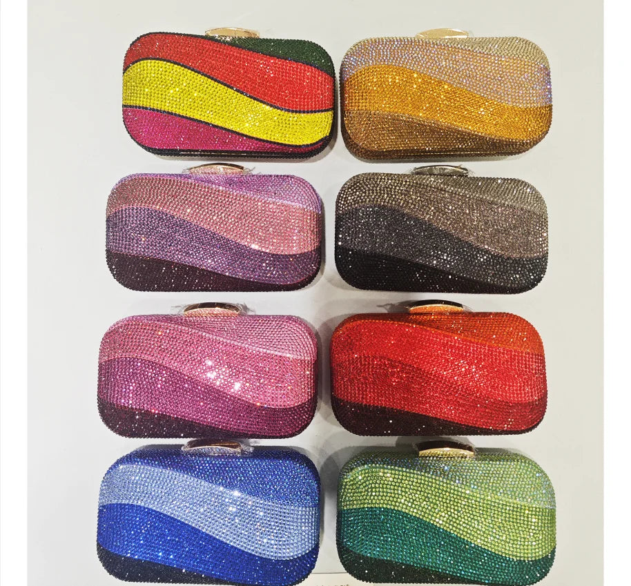 Women Blue/Pink/Green/GOLD Crystal Clutch Evening Bags Metal Hollow Box Minaudiere Handbag Bridal Purse Wedding Party Clutches