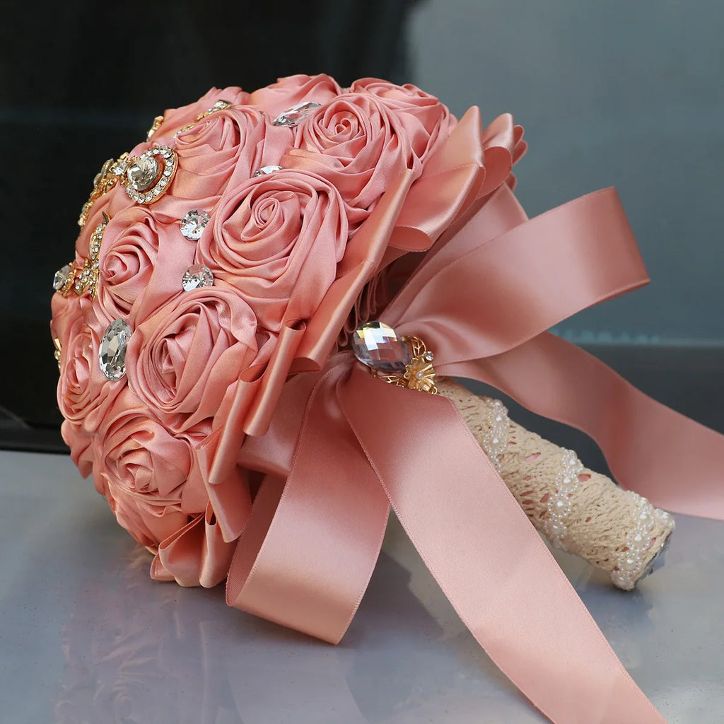 Pink Bridal Wedding Bouquet Artificial Silk Rose Flower Bouquet