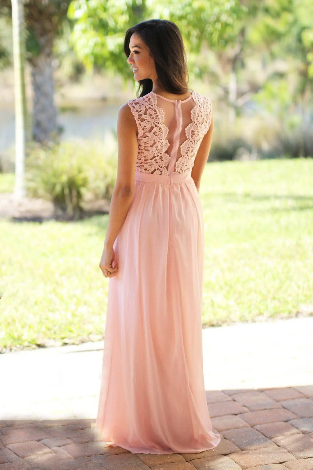 Classic Women Pink Bridesmaid Dresses Elegant Lace Chiffon A Line Illusion Back Maxi Formal Wedding Gust Gowns Formal Evening
