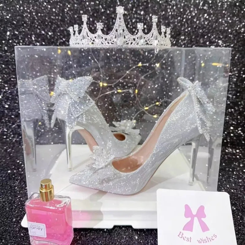 Crystal Bow Princess High Heels Silver Single Shoes Women Pointed Toe Stiletto Main Veil Bridal Wedding Shoes