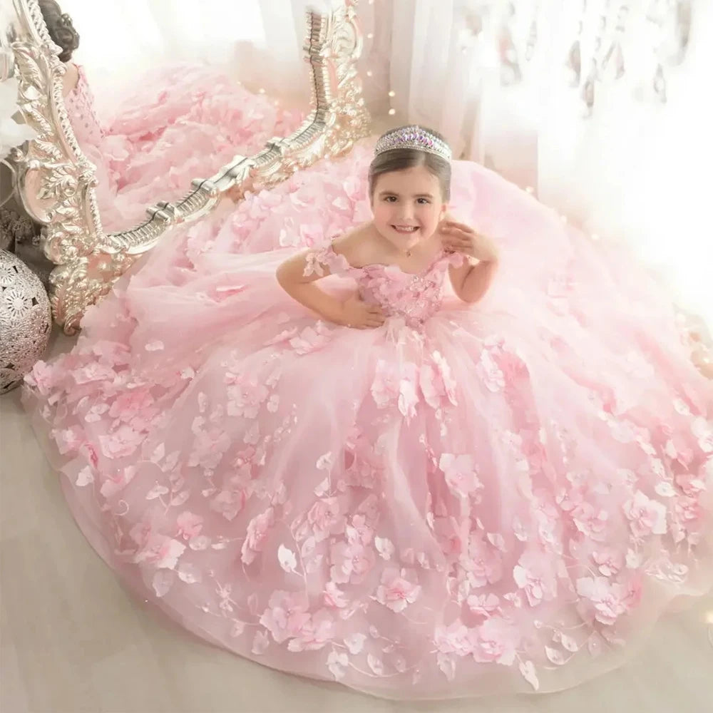 Off-Shoulder Pearl Tulle Flower Girl Dress