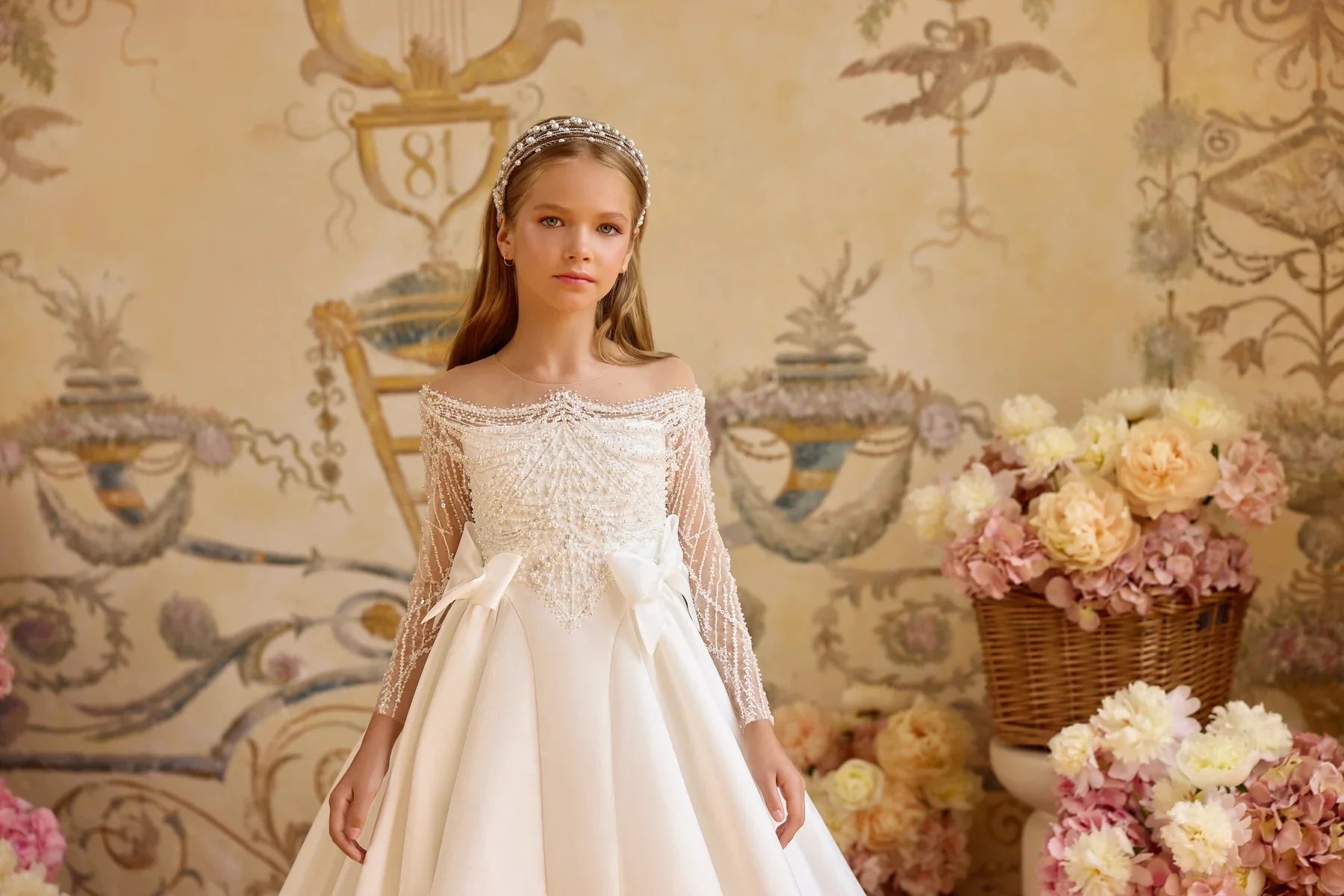Pearl Beaded Ball Gown Flower Girl Dress
