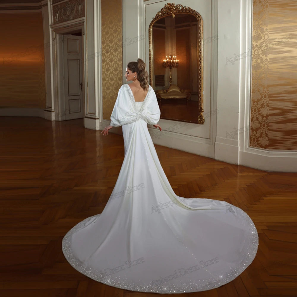 Gorgeous Wedding Dresses Modest Bridal Gowns Satin Robes Muslim Full Sleeves Floor Length Elegant Vestidos De Novia Customized
