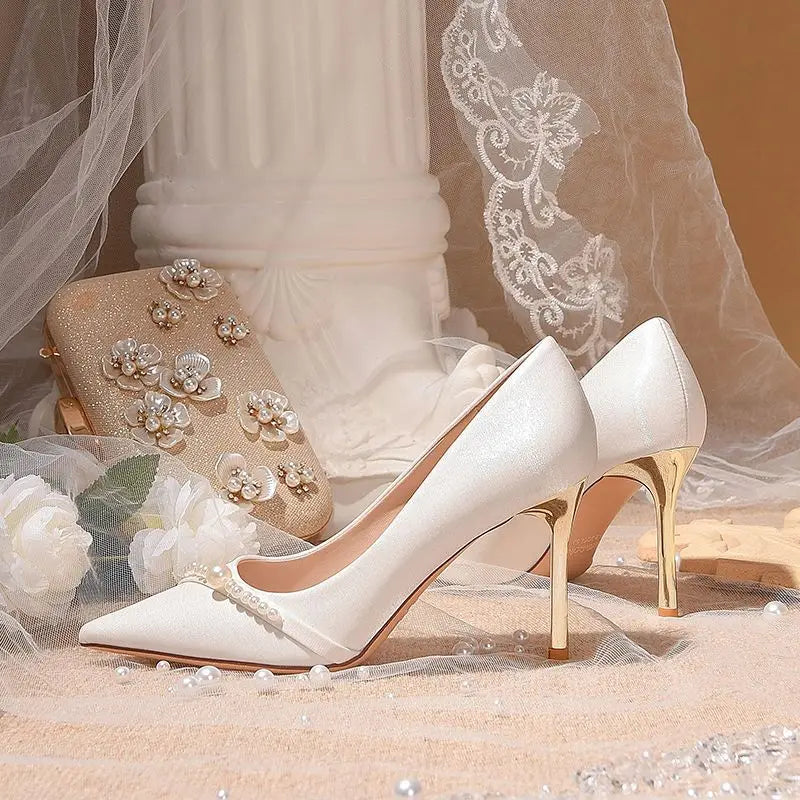 Women's Summer Footwear Bride Pumps Shoes for Woman 2025 Wedding Shoe on Heeled Pointed Toe Pearl Stilito High Heels Popular 39