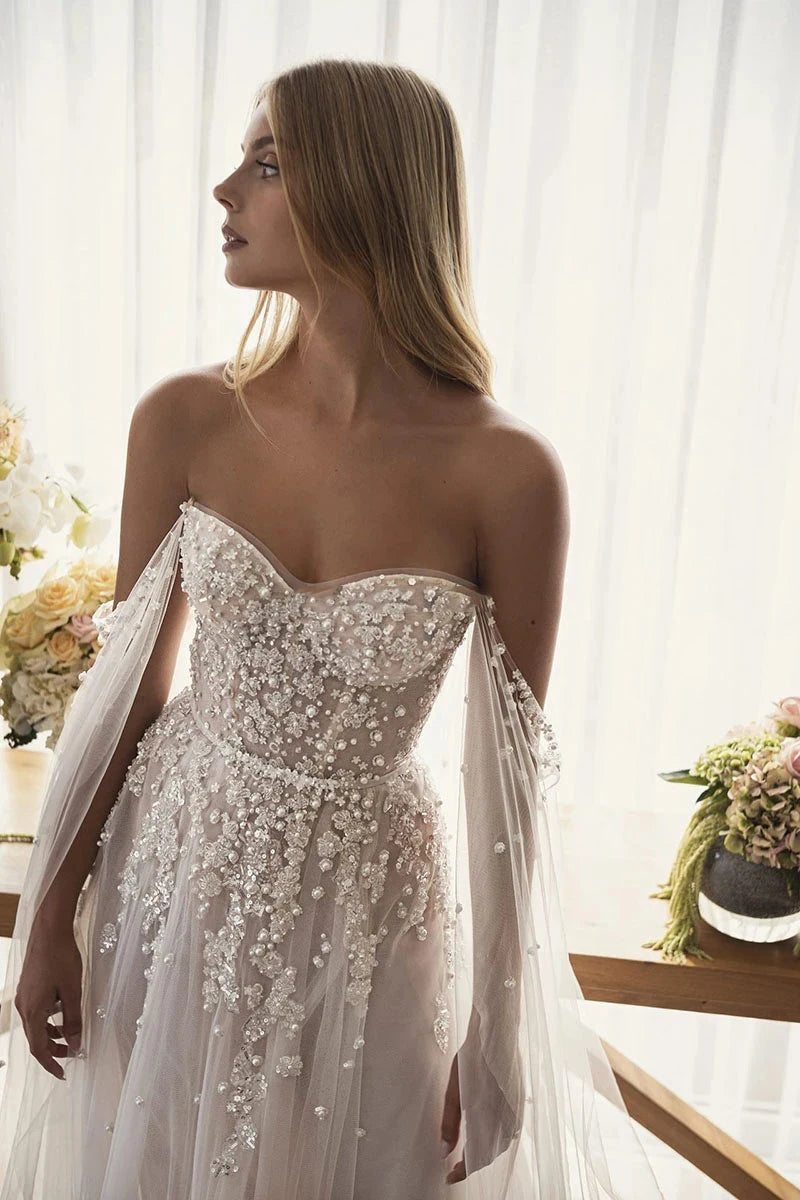 Boho Off-Shoulder Pearl Beaded Wedding Dress