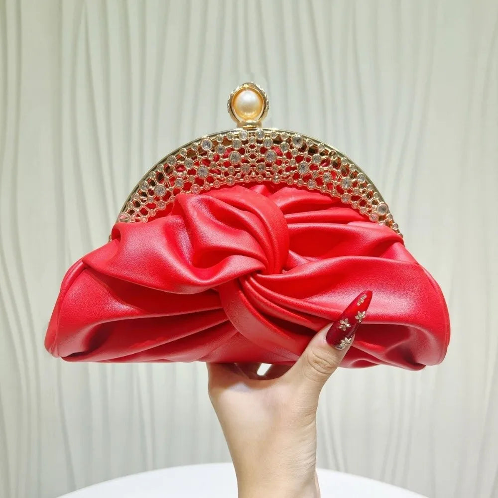 Sparkly Rhinestone Evening Clutch Pleated Hollow-out Bridal Wedding Purse Glittery Chic Ruched Knot Bag Hostess