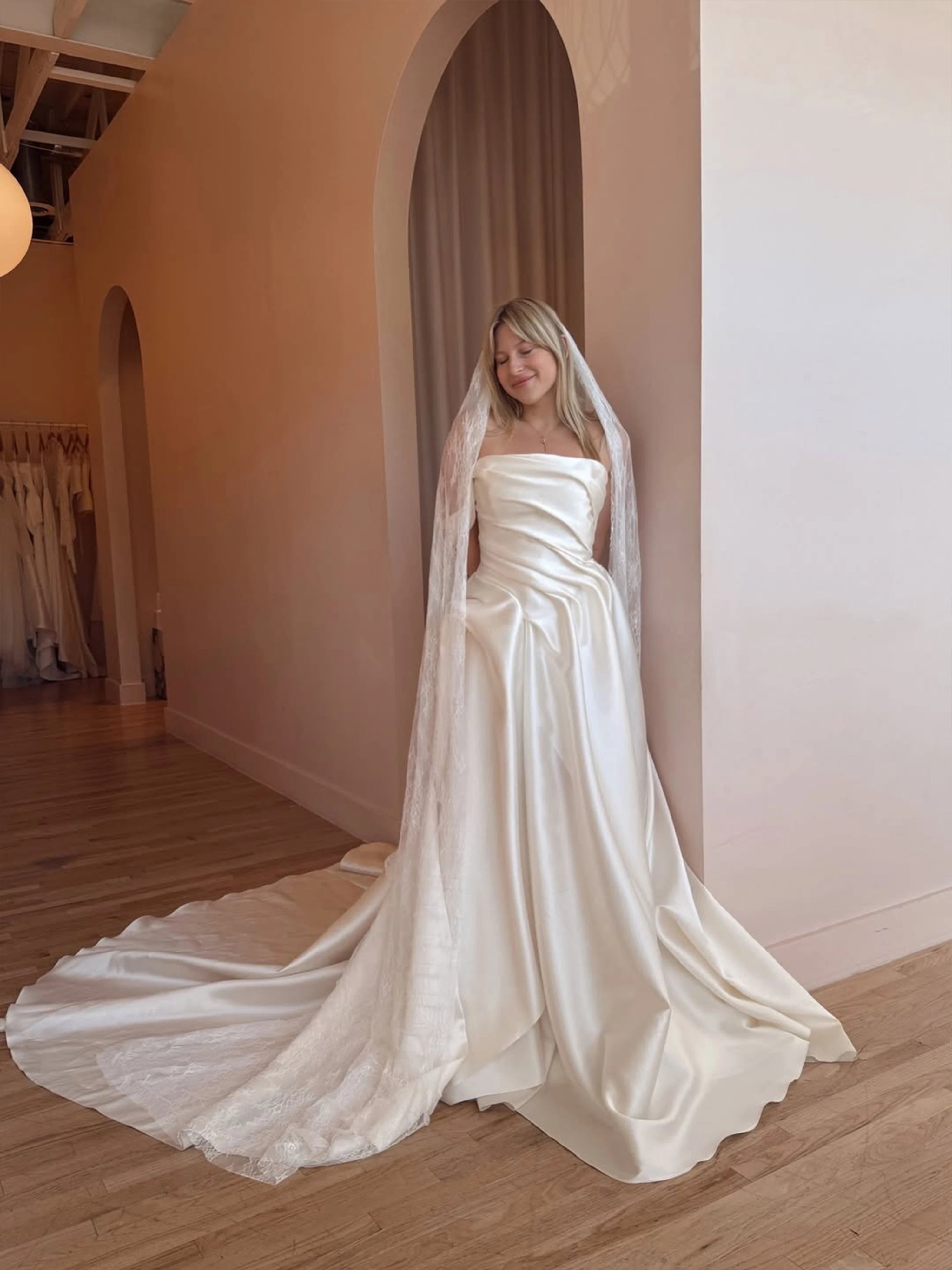 Strapless Satin A-Line Wedding Dress with High Split