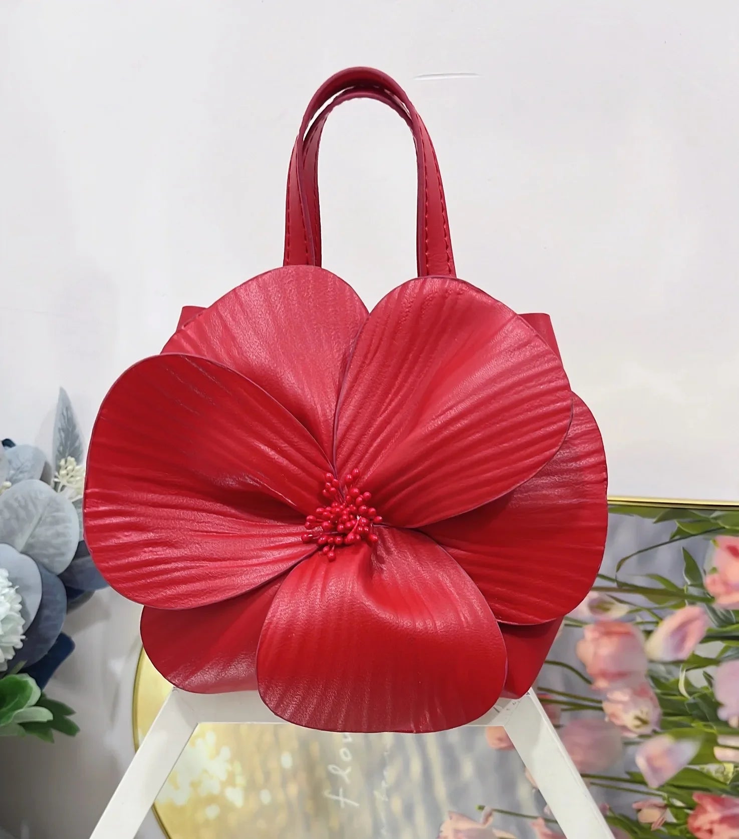 3D Floral Soft PU Leather Women Small Bucket Handbag Wedding Purse Dress Party Evening Bridal Clutch Bag