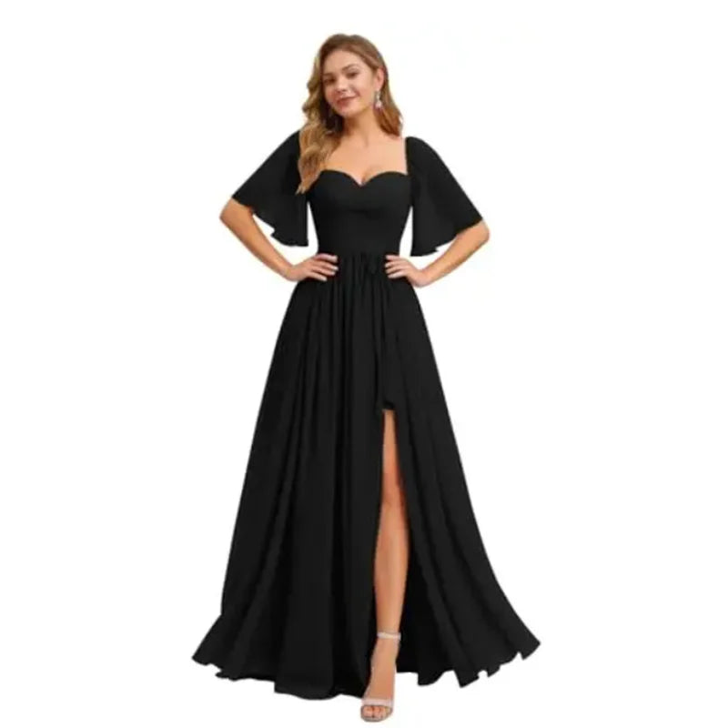 A Line Short Sleeve Chiffon Bridesmaid Dresses One Shouder Slit Pleat Elegant Wedding Party Formal Prom Evening Lace Up Back