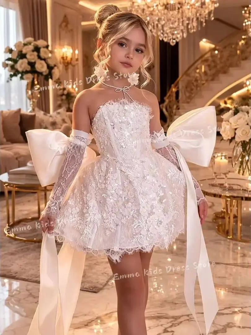 Custom Flower Girl Dress White Tulle Wedding Floral Appliqué Multi-layer Sleeveless Suitable for S and Communion