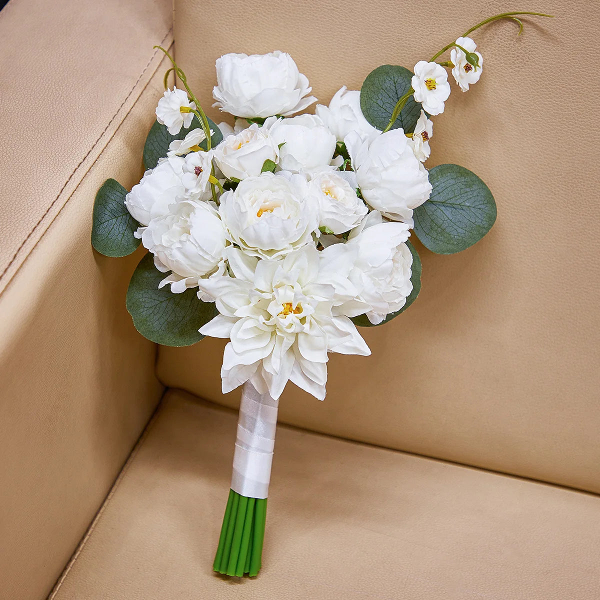Yannew White Wedding Bouquets for Bride Bridesmaid Artificial Rose Peony Bridal Bouquet for Rustic Wedding Ceremony Decoration