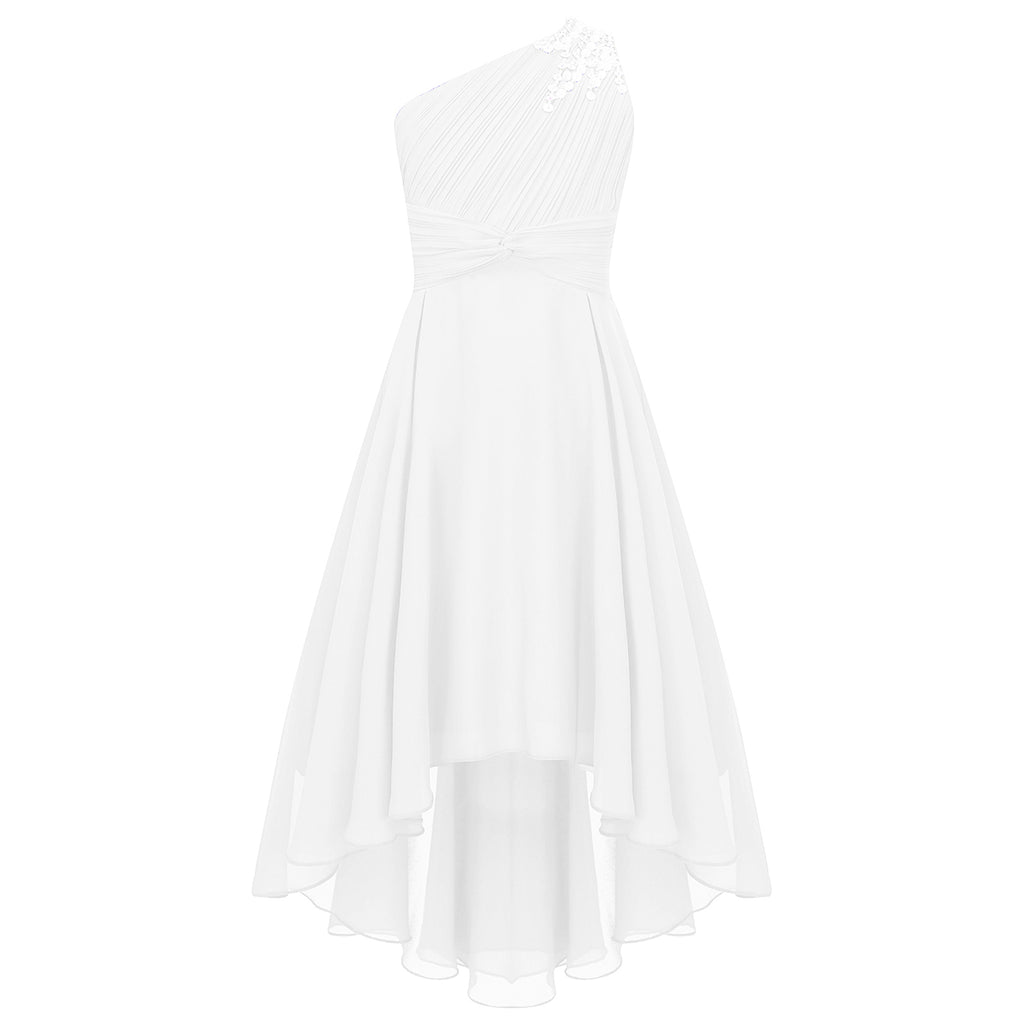 Kids Wedding Flower Girls Dress Shiny Beaded One Shoulder Chiffon Princess Dress Elegant Evening Pageant Birthday Party Gown