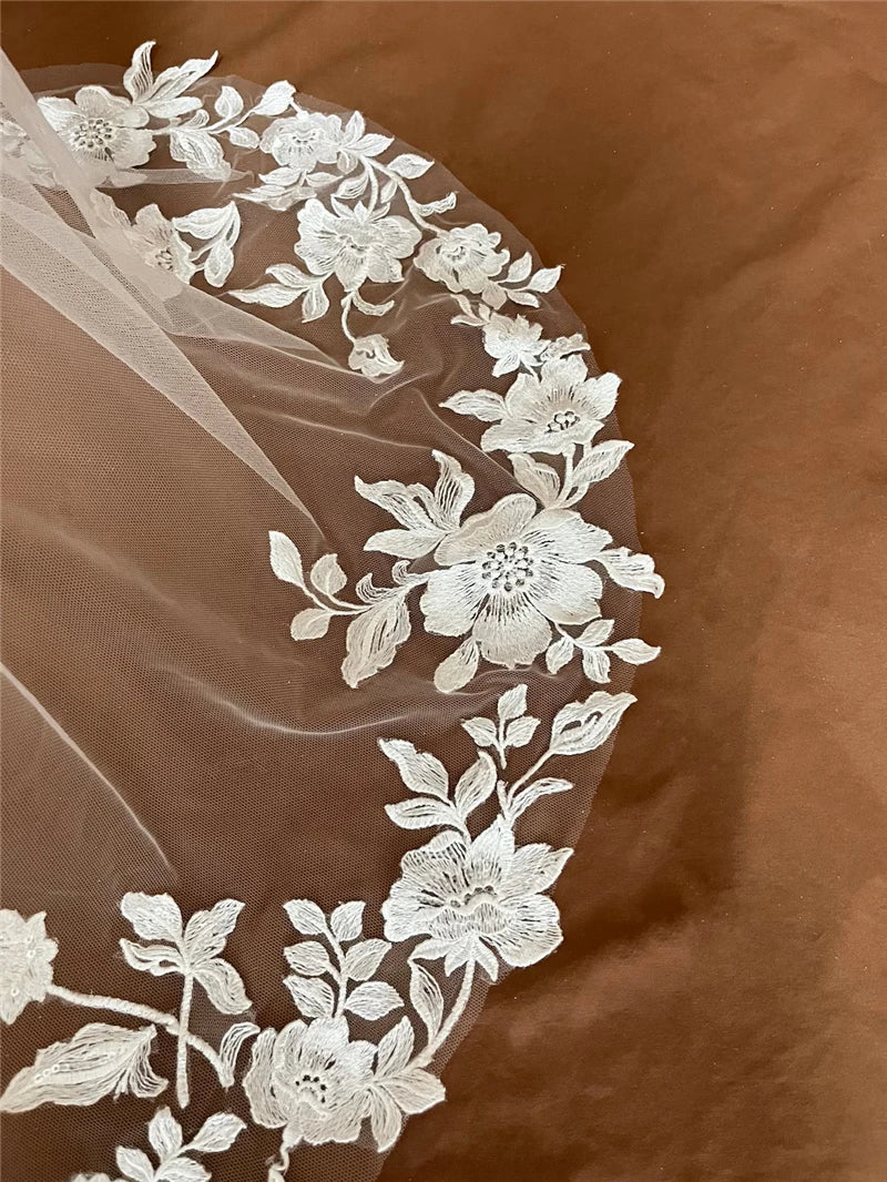 Full Lace Edge Mantilla Wedding Bridal Veils Cathedral Long Embroidered Ivory Tulle Floral Flowers Leaves Outdoor Church Brides