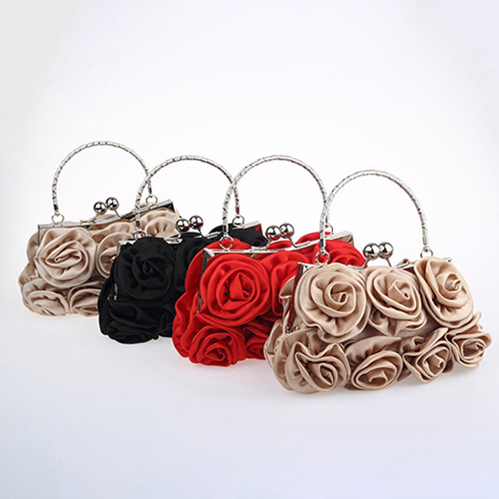 Women Girls Silk Rose Flower Handbag Wedding Bridal Clutch Bag Metal Chain Shoulder Bag Lady Crossbody Bags Purse Chic Tote Bag