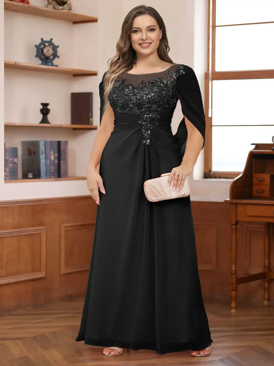 Plus Size Mother of the Bride Dress for Women Lace Applique Pleated Scoop Chiffon Formal Wedding Guest Party Dresses