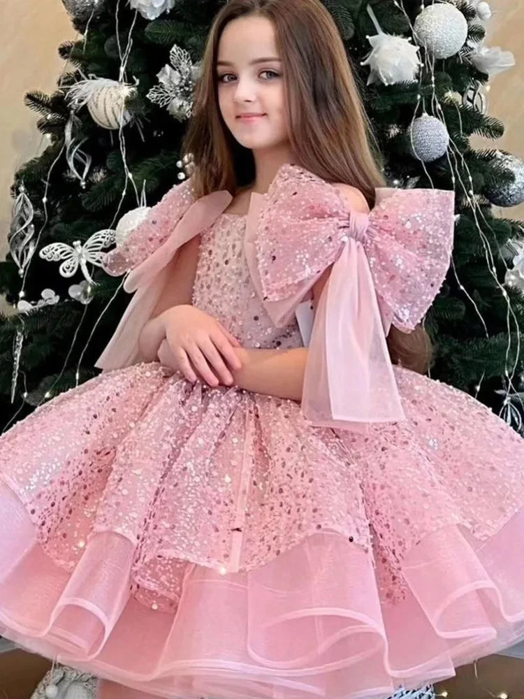 Puffy Satin Glitter Flower Girl Dress