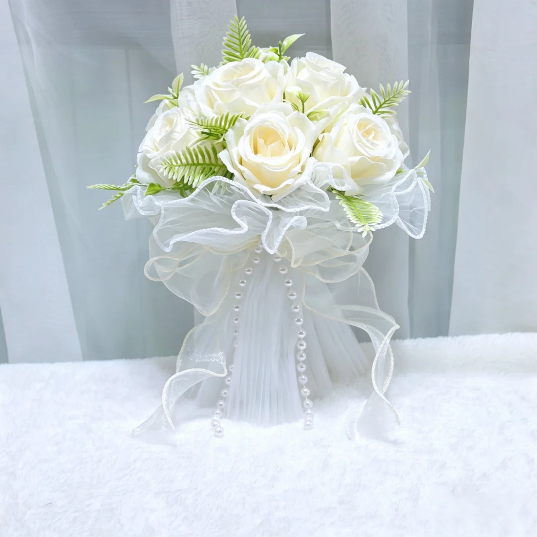 Pearl Rose Bridal Bouquet Artificial Silk Flower Hand Bouquet Pearl Lace Mesh Ball Ribbon Elegant Wedding Bridesmaid Bouquet