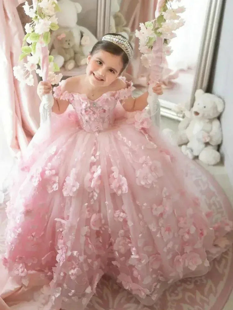 Off-Shoulder Pearl Tulle Flower Girl Dress