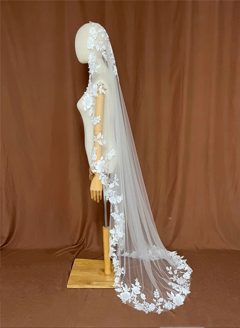Full Lace Edge Mantilla Wedding Bridal Veils Cathedral Long Embroidered Ivory Tulle Floral Flowers Leaves Outdoor Church Brides