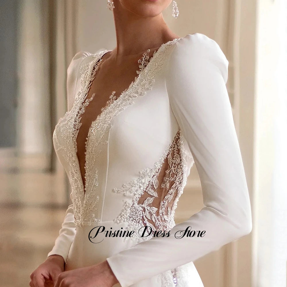 Long Sleeve Jersey Deep V Sheath Wedding Dress