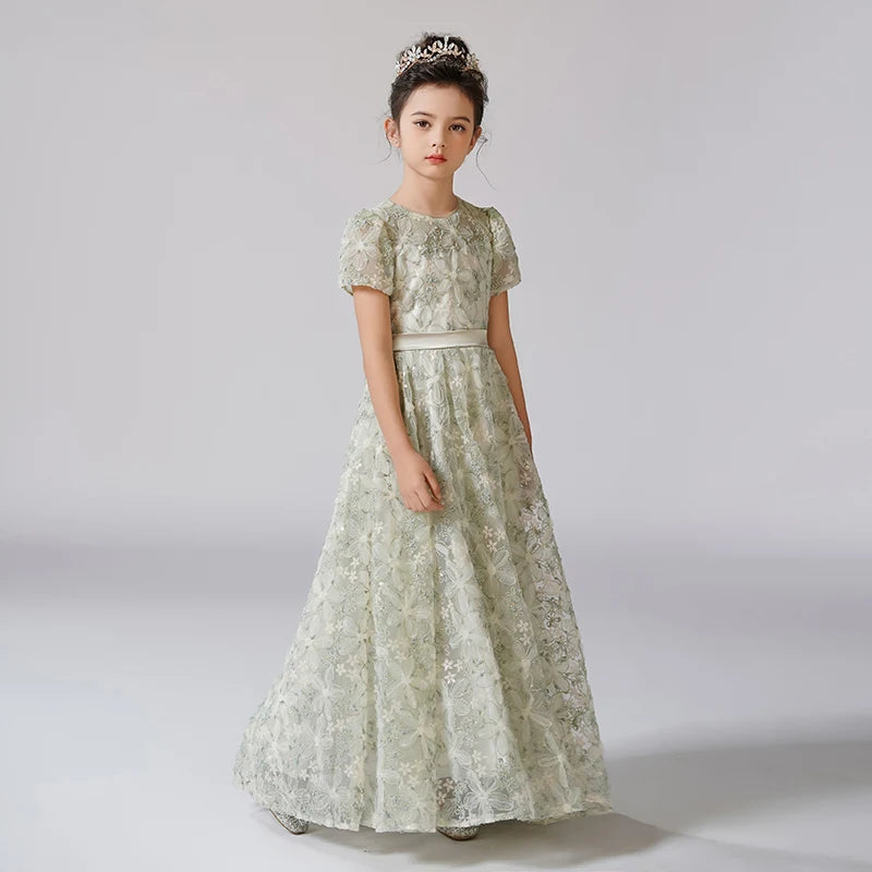 Rhinestone Floral Lace Puff-Sleeve Flower Girl Dress