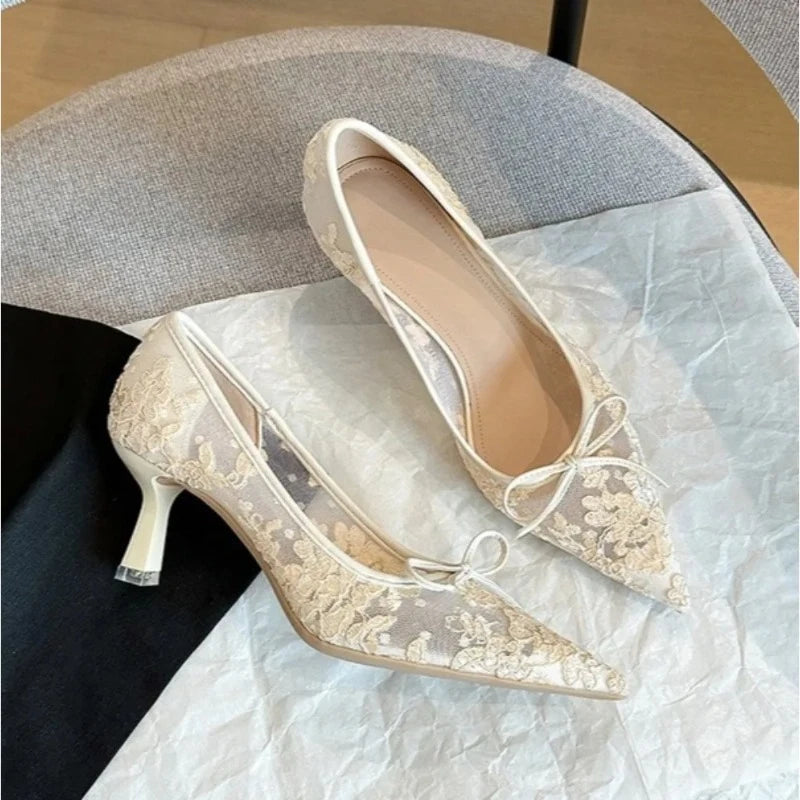 Wedding Shoes Bridal Pumps for Women Elegant Lace with Bow Decor Pointed Toe Mesh Stiletto Heels Comfortable Classic Party